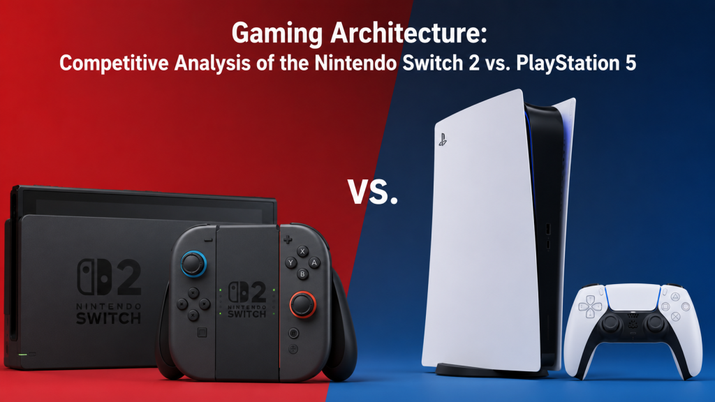 Gaming Architecture: Competitive Analysis of the Nintendo Switch 2 vs. PlayStation 5 A side-by-side visual comparison of the Nintendo Switch 2 in handheld mode and the stationary PlayStation 5 console, illustrating their different hardware form factors.