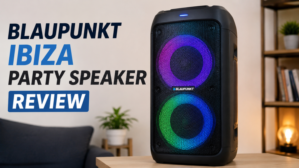 A high-powered Blaupunkt Ibiza party speaker featuring dual woofers, dynamic LED lights, and a built-in USB recording interface for live karaoke sessions.